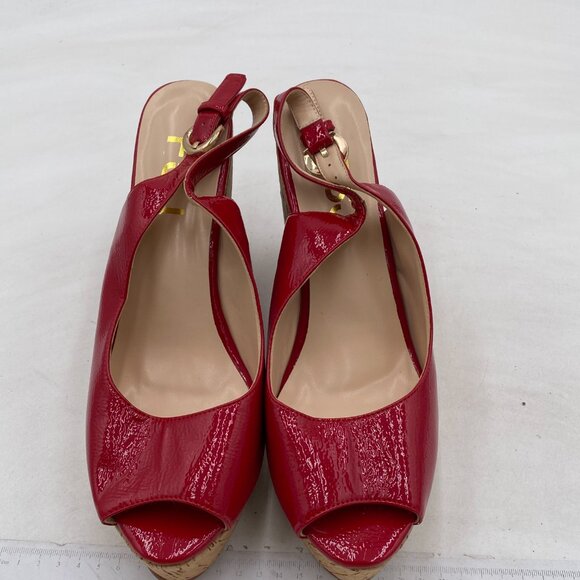 FSJ Red Peep Toe High Heel Wedge Sandals Slip on Cork Slingback Platform Shoes - Picture 3 of 8
